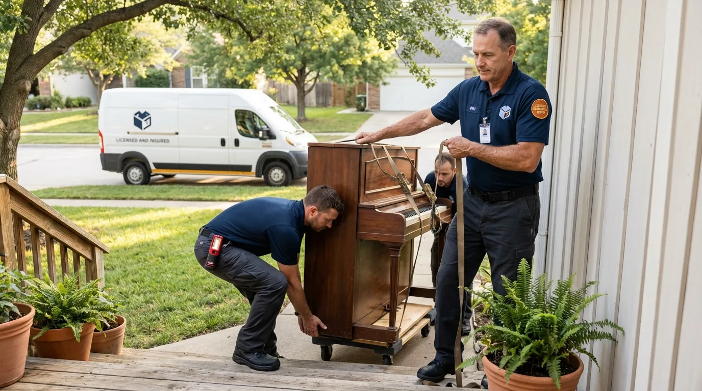 Licensed piano movers securing grand piano in Madbury, NH