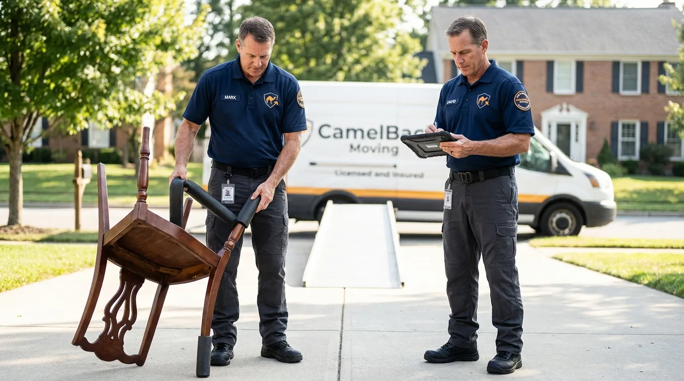 Movers inspecting furniture for damage prevention before loading in Madbury, NH