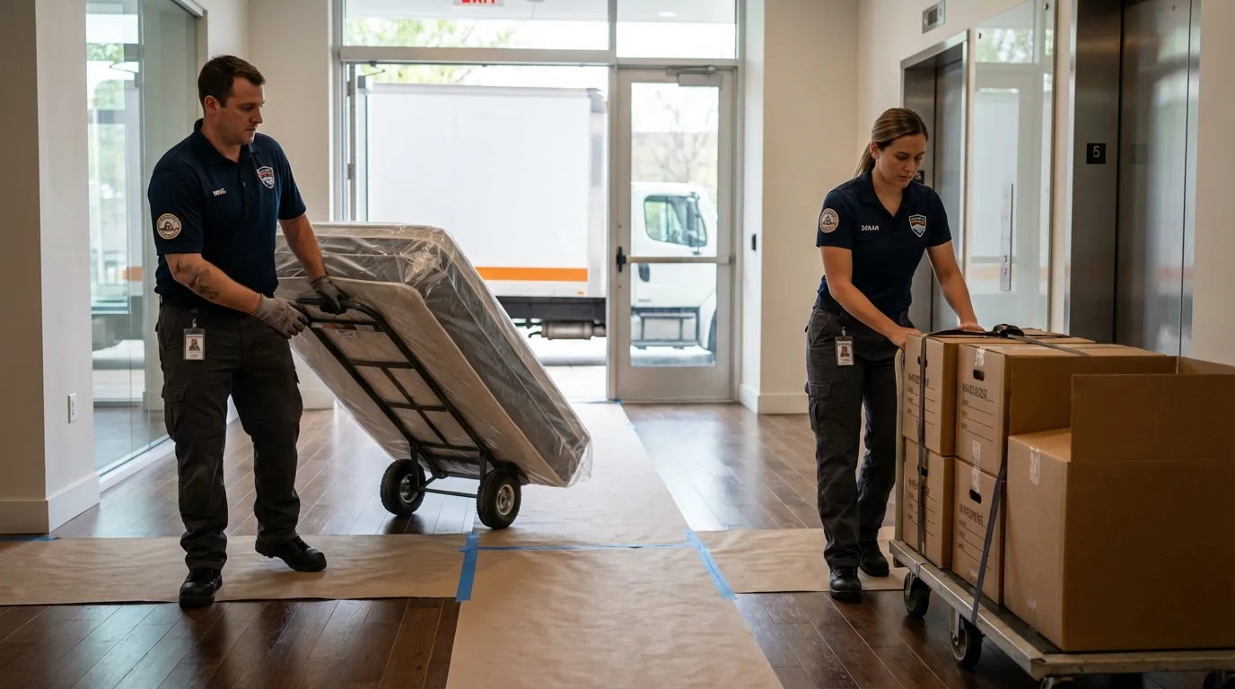 Professional apartment movers loading elevator in Madbury, NH