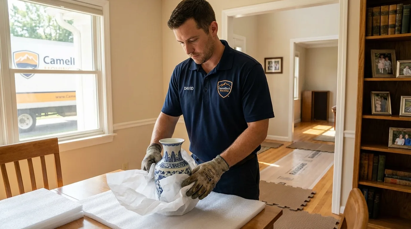 Professional crew carefully wrapping antique vase for senior downsizing move in Madbury, NH